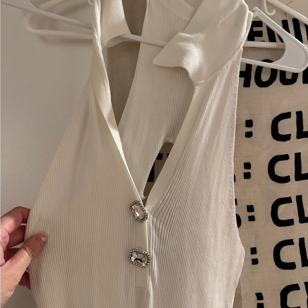 Nana Jacqueline Elegant White Ribbed Top with Rhinestone Buttons